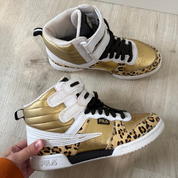 FILA Women's F-14 Gold Leopard Print High Top Sneakers 90s Y2k Size 8 - Picture 1 of 8